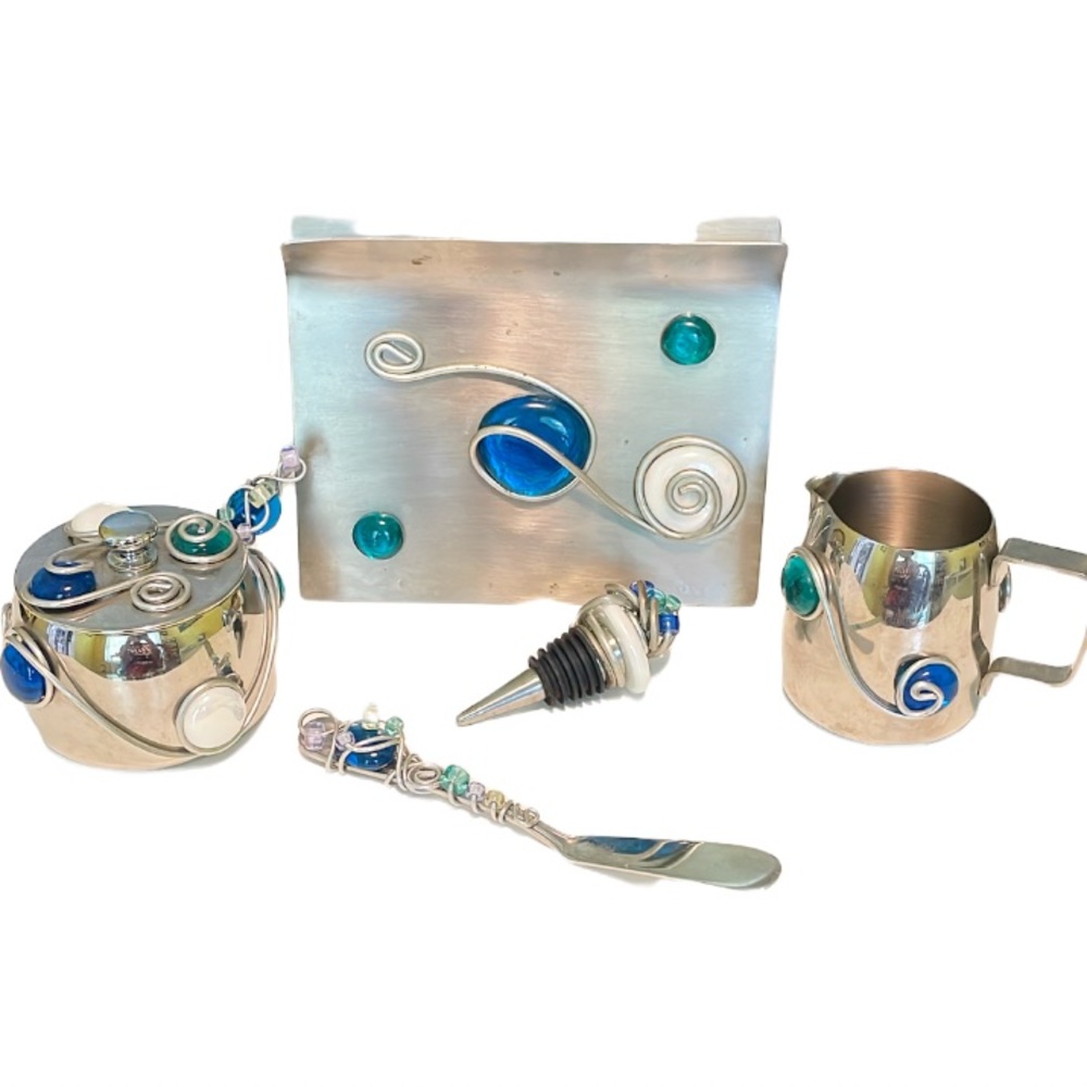 Handmade stainless steel blue beaded kitchen 5 piece set